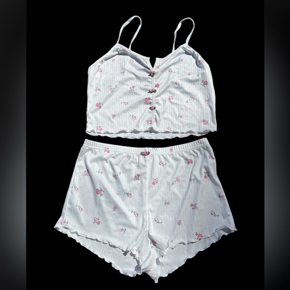 2 Piece Shorts Coquette Girl Pajama Set White And Pink Roses Women’s L